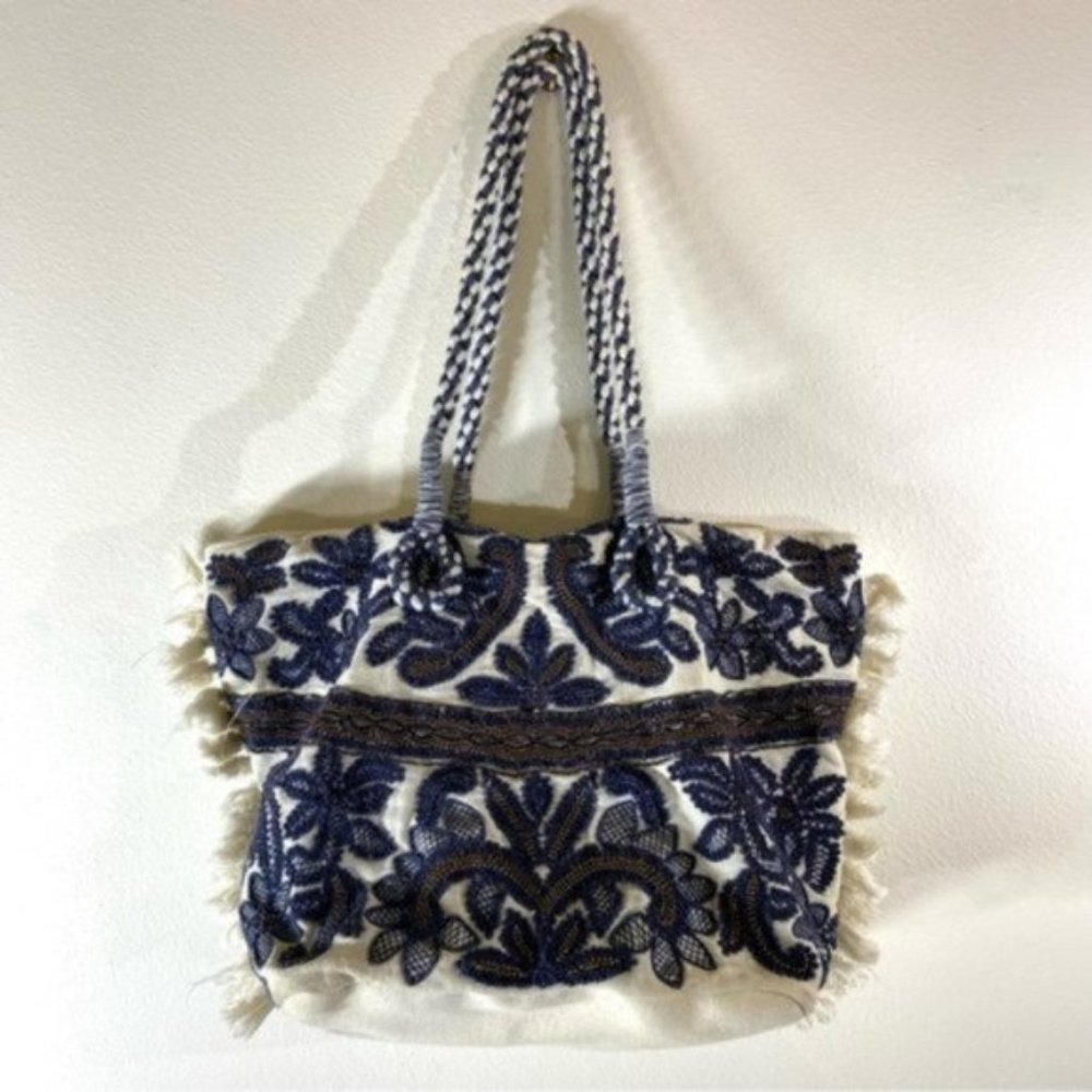 Canvas Embroidered Fringe Tote Bag